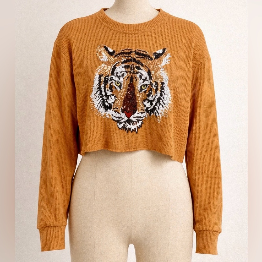 Revolve Sparkle City Sequin Tiger Applique Crewneck waffle Sweater Mustard XS